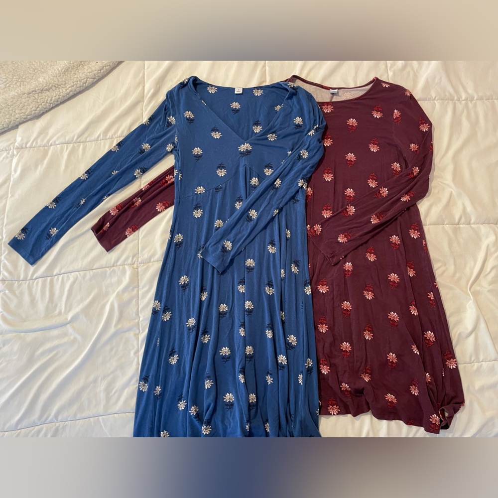 Two long sleeve old navy dresses with floral patterns